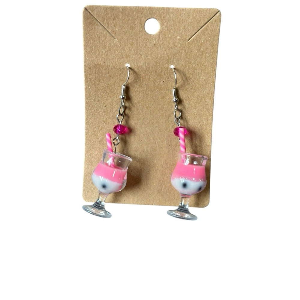 Handmade Pink Boba Tea Drop Earrings Kawaii Bubble Tea Drink Dangle Jewelry